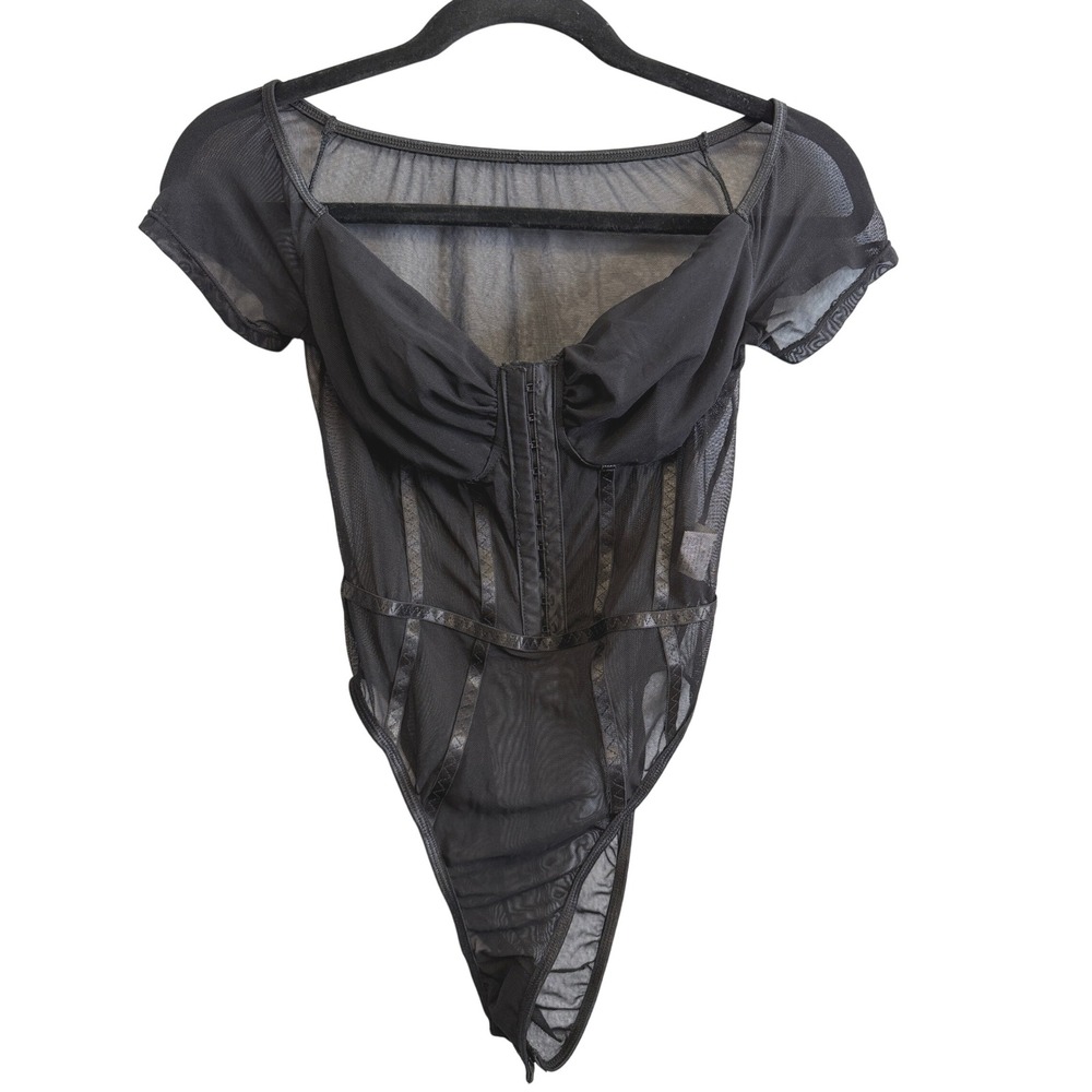 Y2K Style Black Mesh Corset Babydoll Top Bodysuit 6 Sheer Goth Rave Grunge Emo